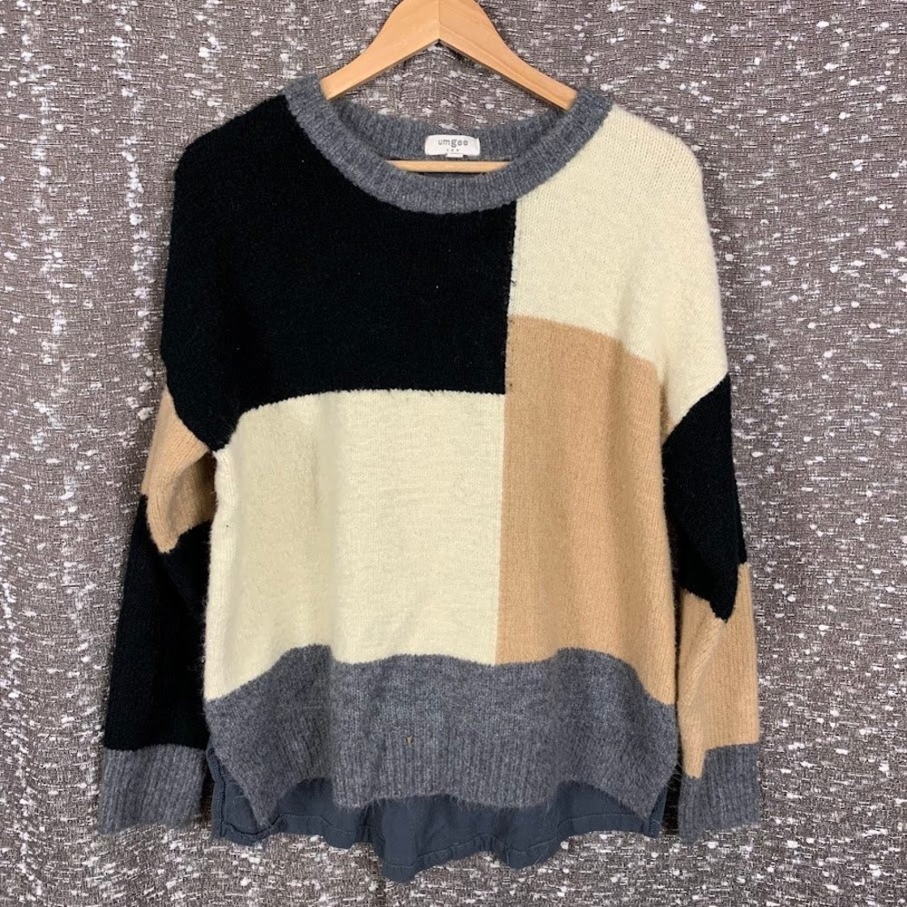 Umgee Colorblock Knit Sweater Mixed Media Boho Chic Women's Medium